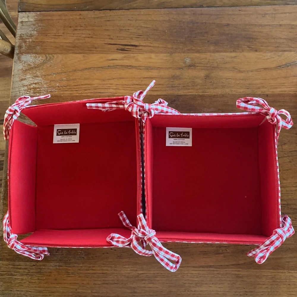 Sur La Table lot of 2 red & white gingham check flexible baskets with liners